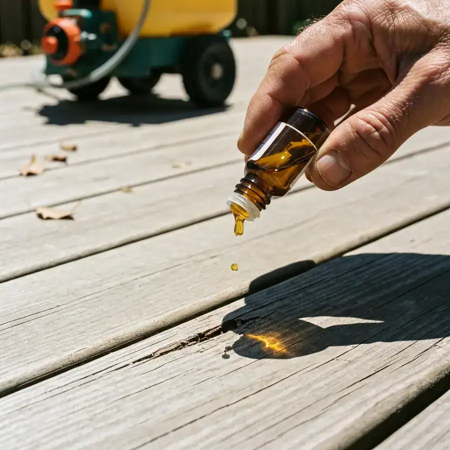 Close-up of a technician holding an amber oil vial over sun-bleached wooden decking in harsh midday light.