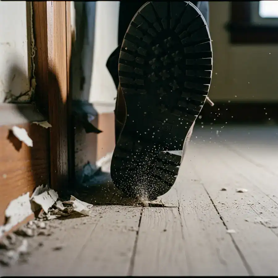 Close-up of a boot sole triggering a cloud of newly hatched fleas from a dusty hardwood floor in a vacant house.