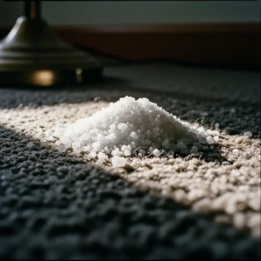 Close-up of salt crystals spread as a failed DIY flea treatment on a dark, high-pile residential carpet.