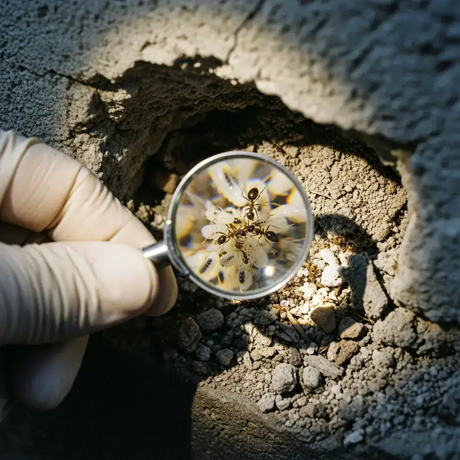 Close-up of ant larvae being examined inside cracked foundation. Worker ants feeding larvae amidst debris.