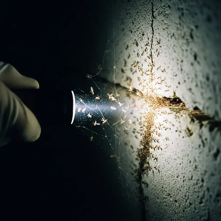 Close-up of ants swarming around crack; flashlight illuminates damp basement wall, revealing extent of infestation.
