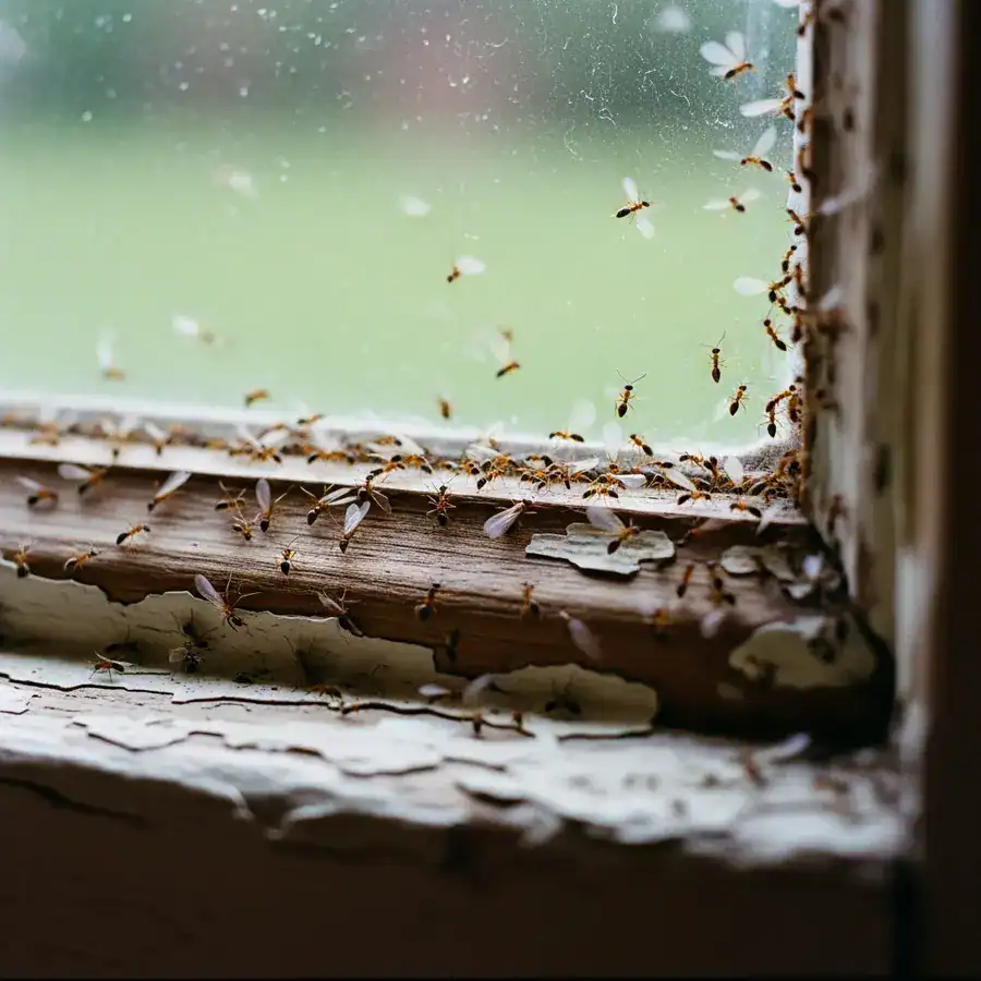 Close-up of flying ants swarming around a basement window. Damp wood, chipped paint, toy truck on dusty floor.