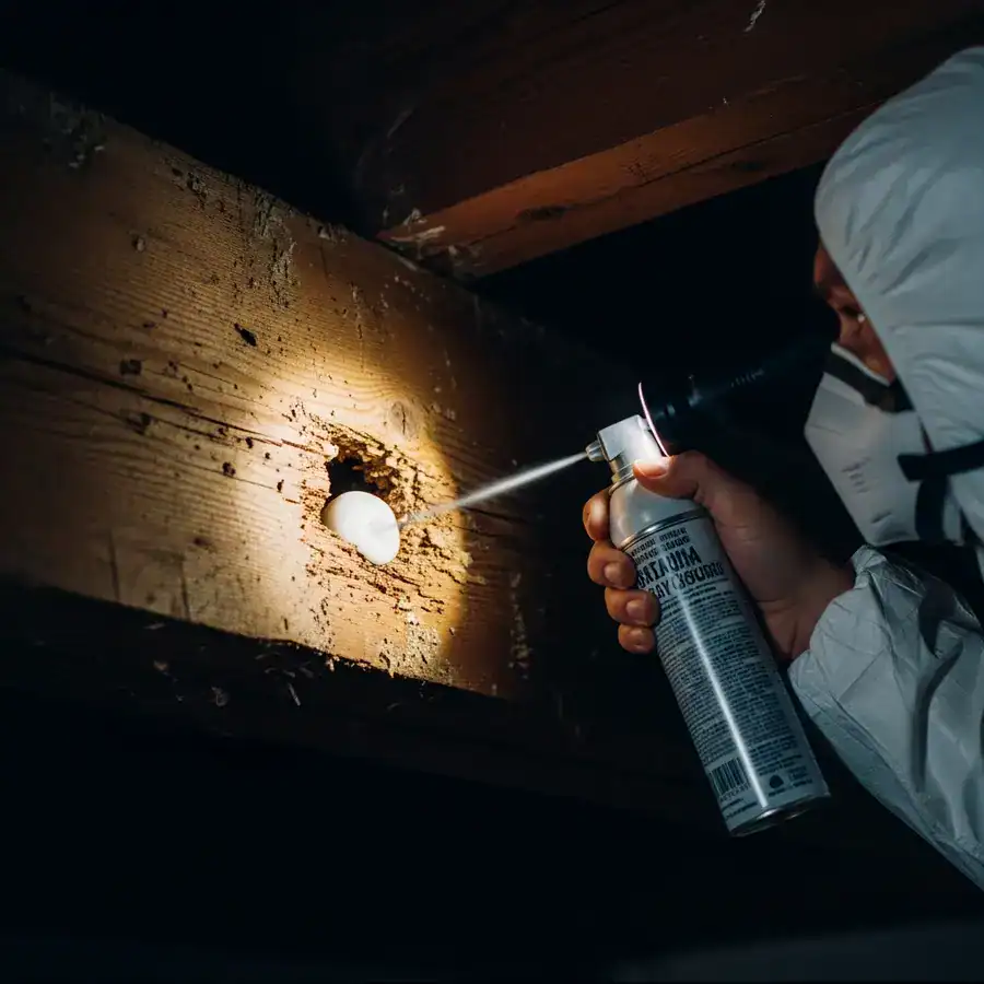 Close-up of dead ants. Flashlight illuminates insect swarm on a grimy basement windowsill with debris.