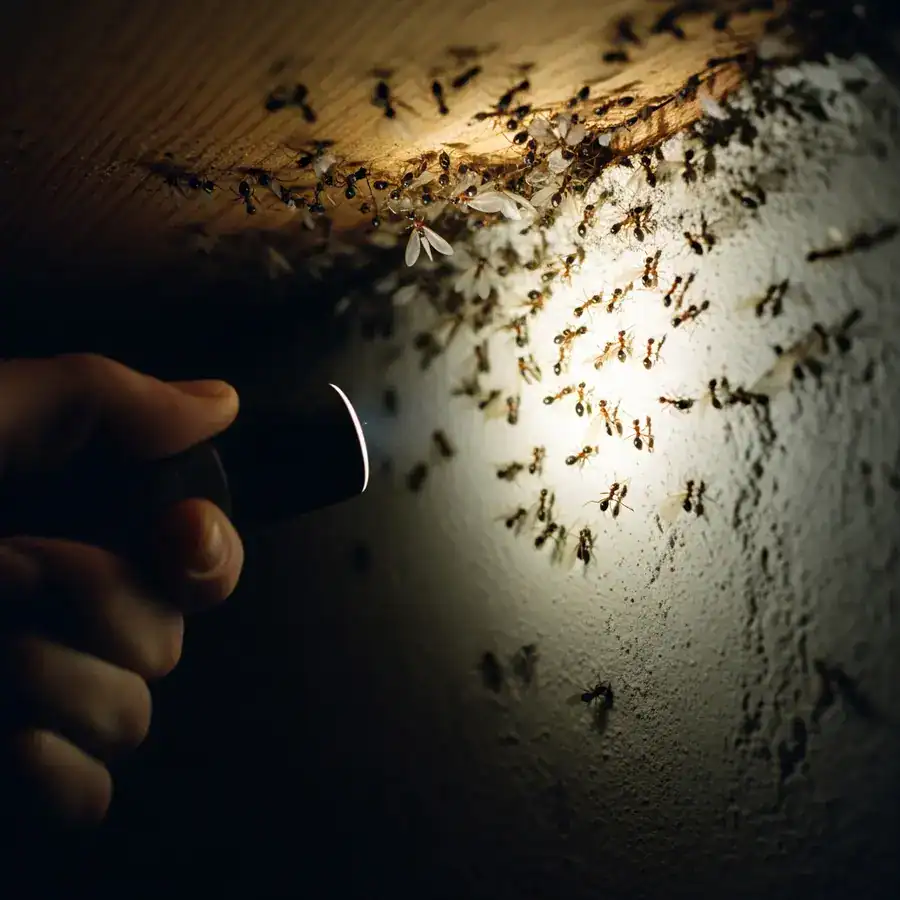 Close-up of sawdust-like frass illuminated by flashlight, collected along a cracked baseboard in a dusty basement.

A close-up shot of carpenter ant alates emerging from a crack in a wooden window frame indoors. The frame shows signs of water damage and rot. Documentary-style handheld shot on 35mm film. Aperture f/2.8 for a shallow depth of field. Slight organic film grain and sharp focus on the ants. Soft, cold light from the window.