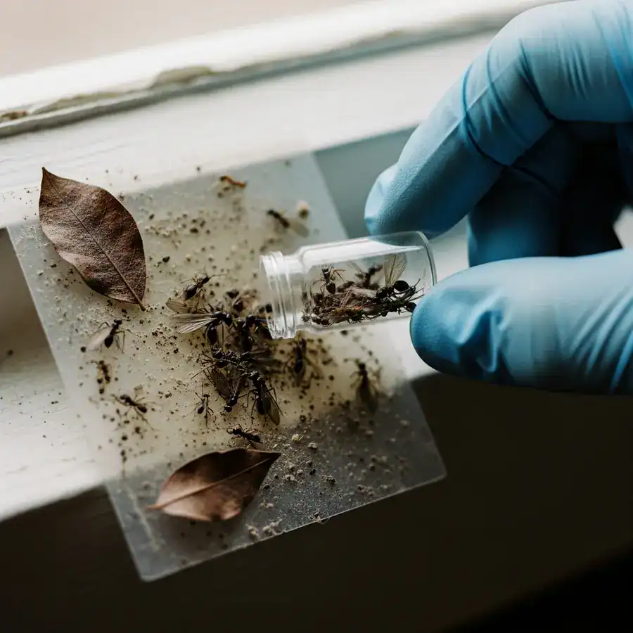 Close-up of insect wing; technician inspecting debris on dusty basement windowsill.

A flashlight beam illuminating the bent antennae of a dead flying ant on a white paper towel. Crumbs and smudges of dirt surround the insect. Documentary-style handheld shot on 35mm film. Aperture f/2.8. Slight organic film grain and sharp focus on the ant antennae. High-contrast shadows from the flashlight.