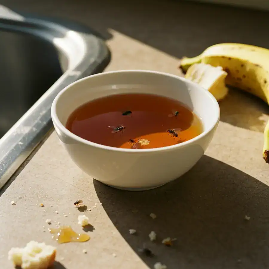 Close-up of fruit flies trapped in a bowl of apple cider vinegar on a kitchen counter next to a banana peel.
