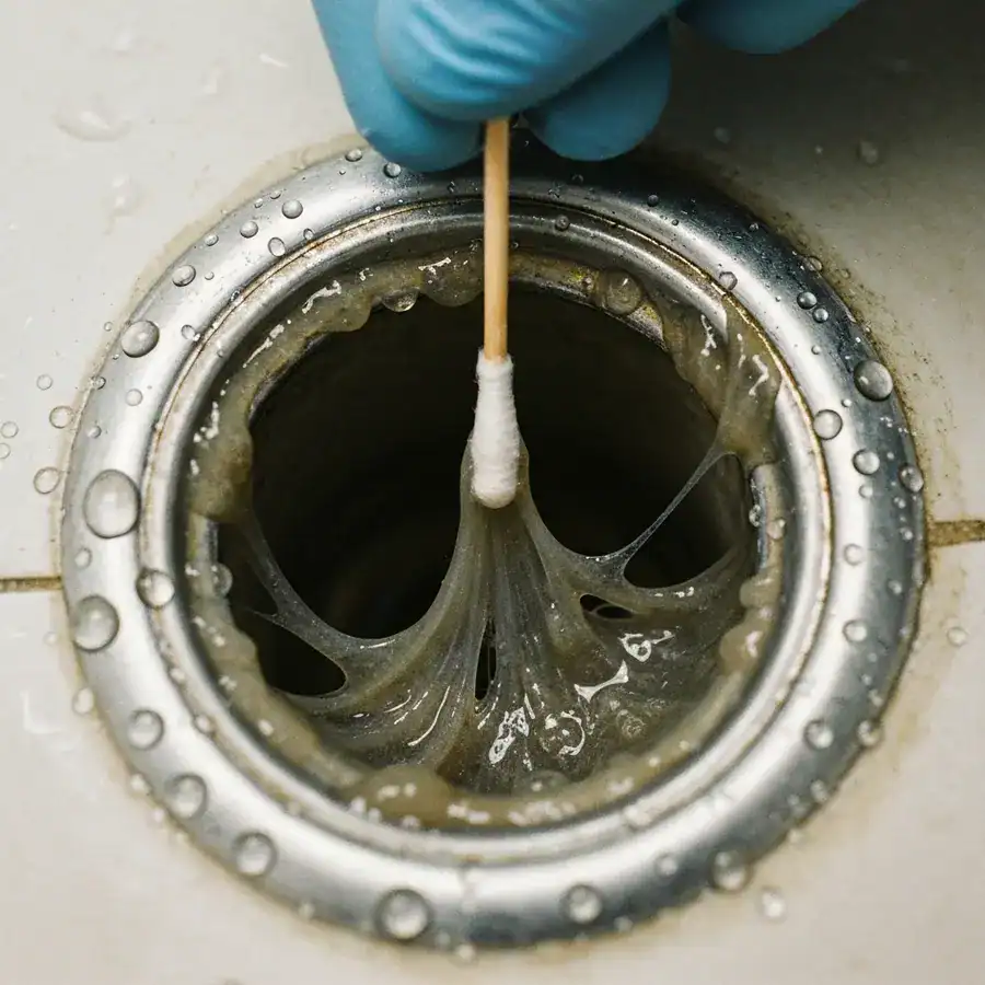Technician swabbing thick gelatinous biofilm from a metal sink overflow hole during a home pest inspection.