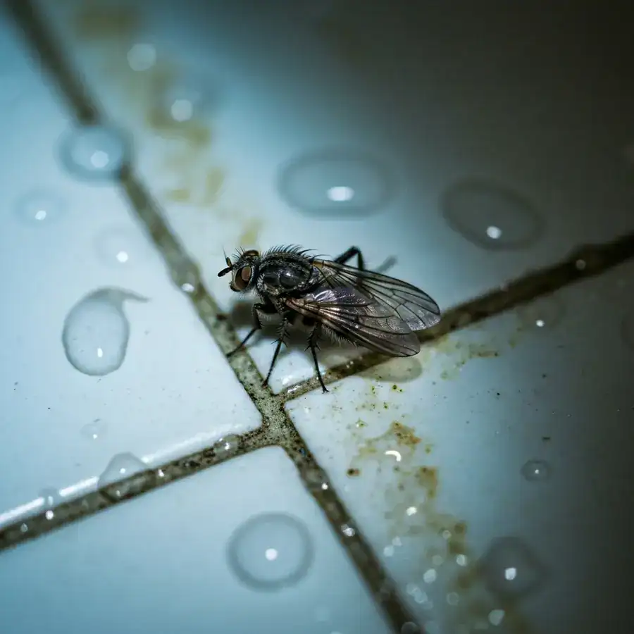 Macro of a fuzzy drain fly resting on a damp bathroom tile with visible water droplets and stained grout lines.
