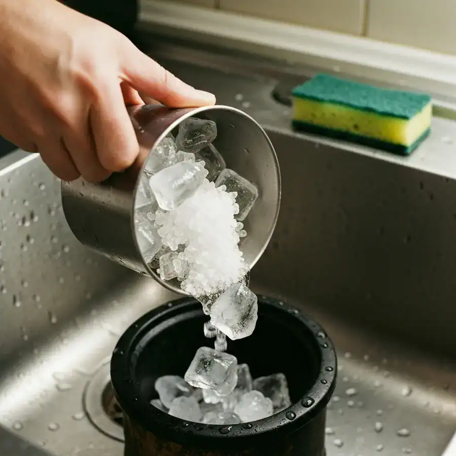 Ice and salt poured into a kitchen garbage disposal to scour the blades and remove fermenting organic debris.