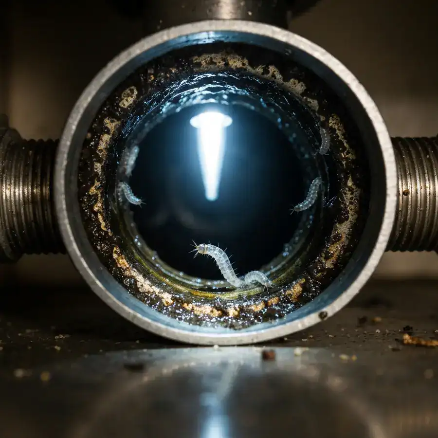 Drain fly larvae wriggling in thick organic slime inside a damp, metallic kitchen sink pipe.