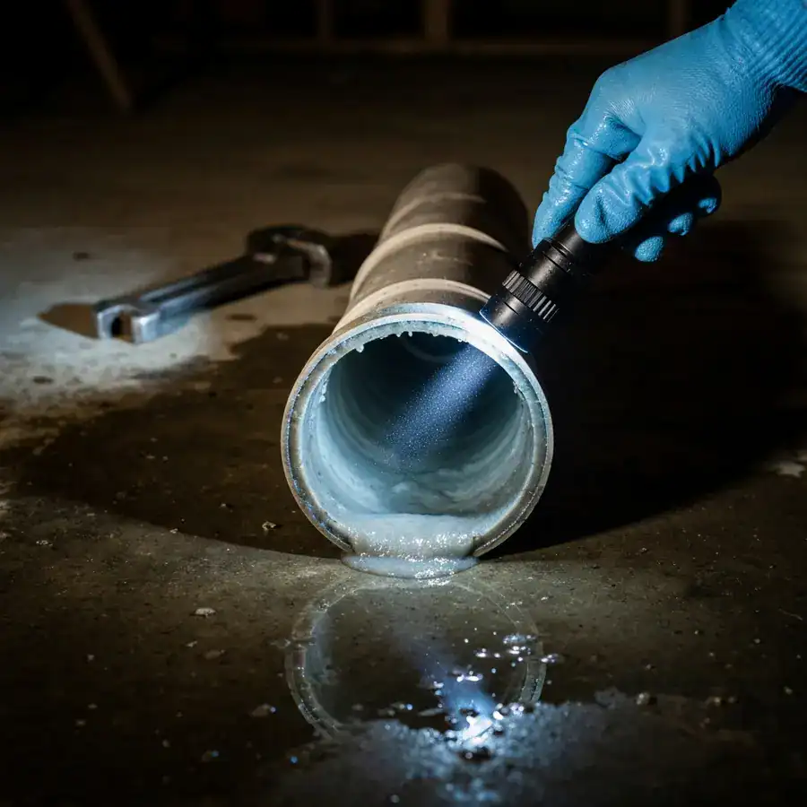 Flashlight beam illuminating thick gray biofilm inside a disassembled PVC drain pipe in a dark basement.