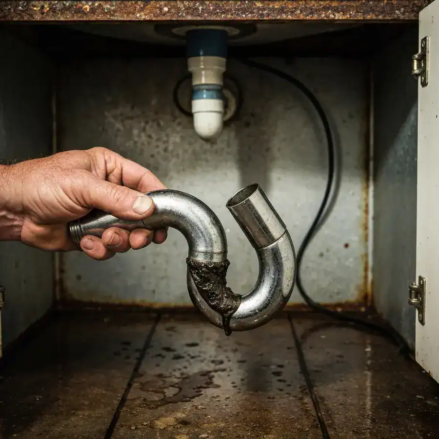 Close-up of a metal P-trap pipe filled with thick organic sludge held by a plumber in a dark, damp under-sink cabinet.