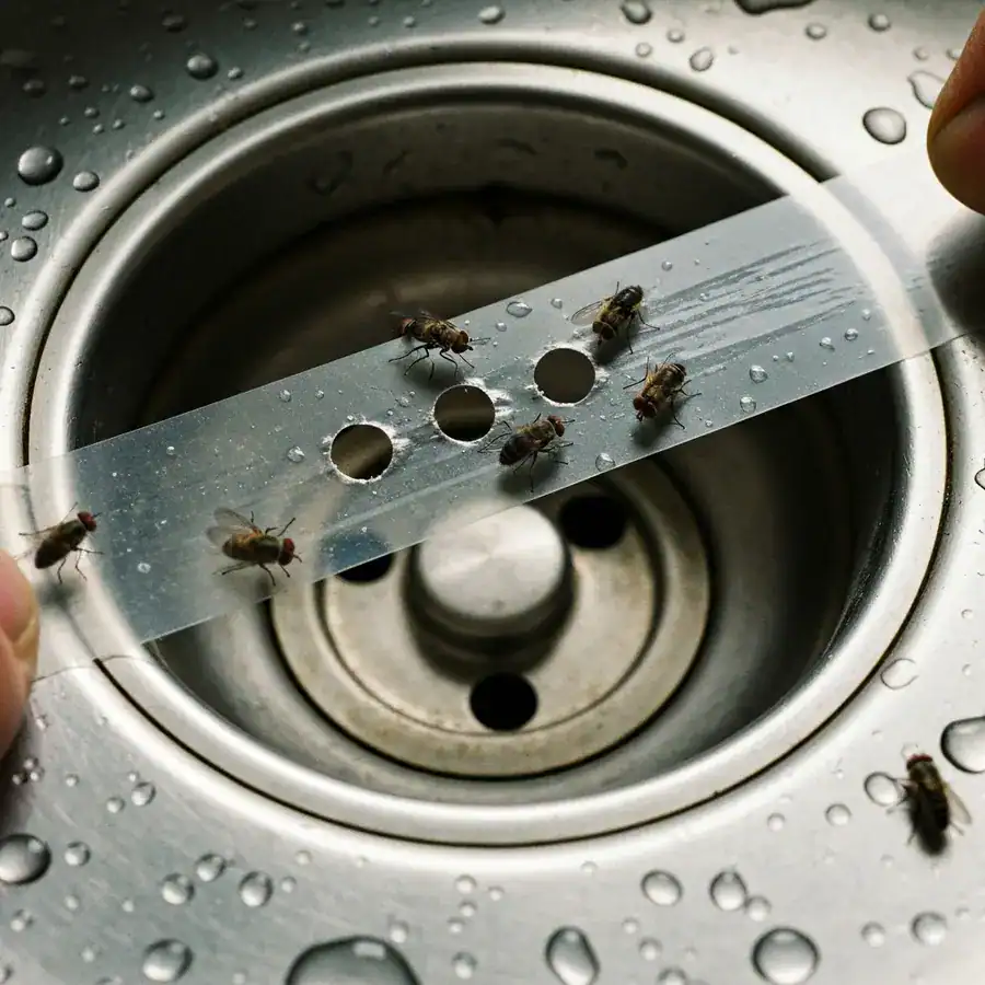 Close-up of clear tape with trapped drain flies stretched across a weathered stainless steel sink drain.