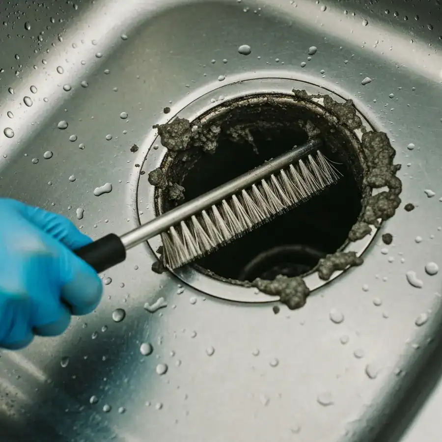 Wire brush scrubbing thick organic biofilm and slime from the inside of a metal bathroom drain pipe.