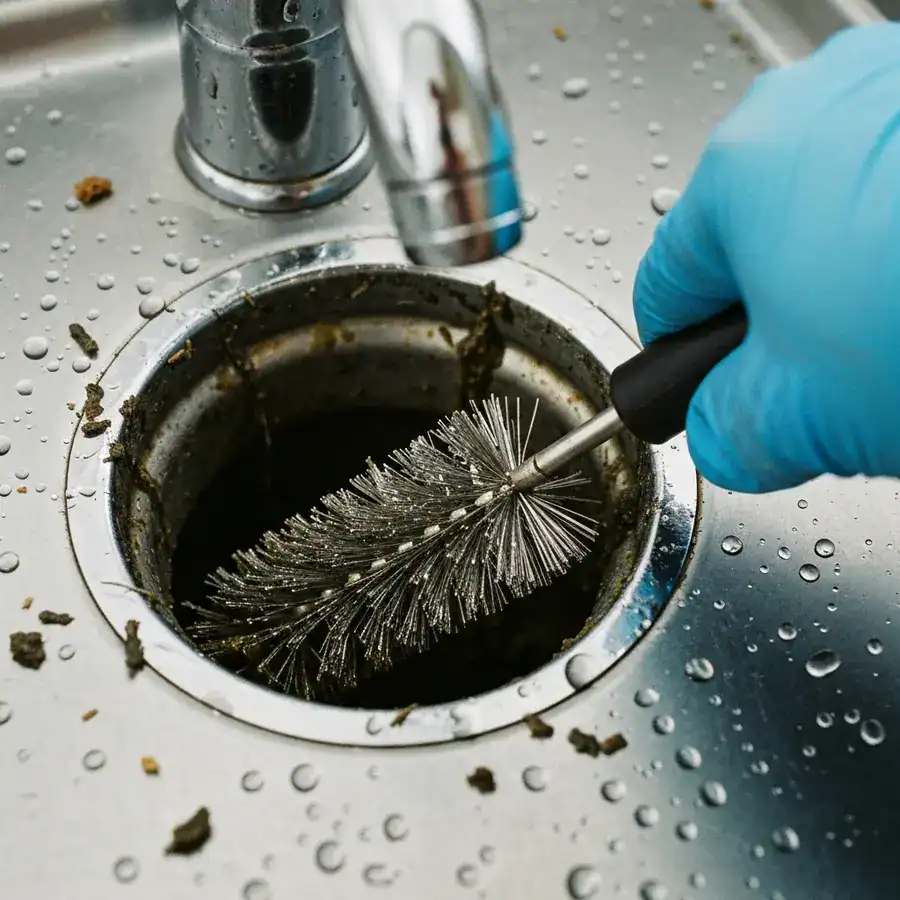 Metal wire brush scrubbing thick organic sludge from inside a kitchen sink drain.