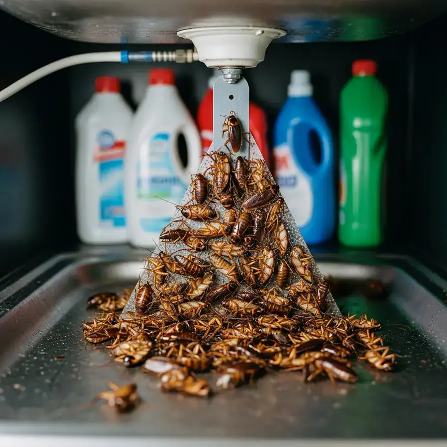 Close-up of cockroach droppings trail illuminated by flashlight on dirty counter with spilled food.