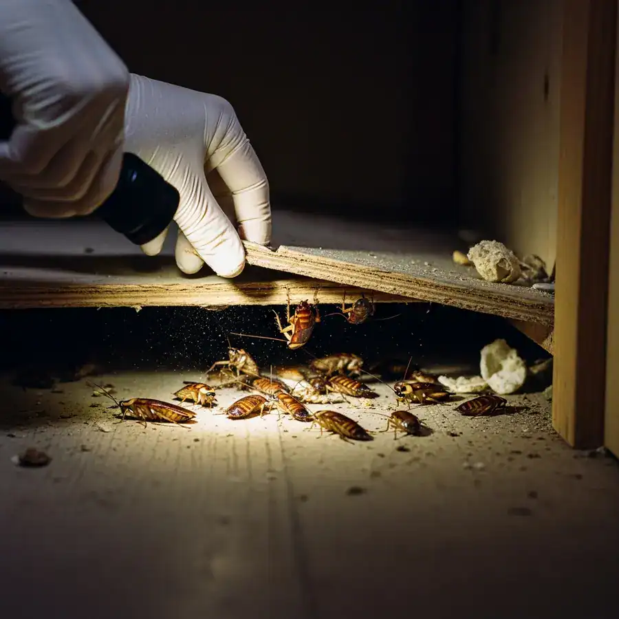 Close-up of nymph cluster illuminated by flashlight behind fridge; crumbs and grease visible.

A pest control technician's gloved hand adjusts a bait station in the dark corner of a cluttered basement. Cobwebs cling to exposed pipes. Documentary-style handheld shot on 35mm film. Aperture f/2.8. Slight organic film grain, sharp focus on the bait station. Soft, cold light from a basement window creates subtle shadows.