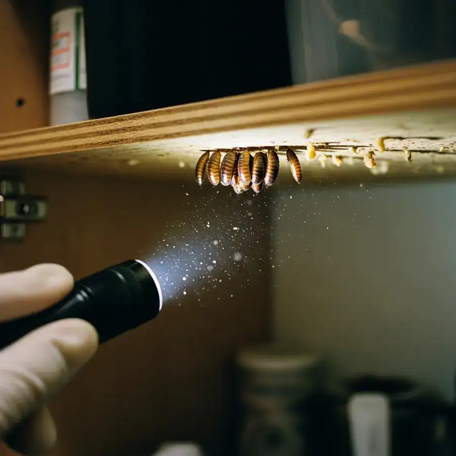 Close-up of cockroach egg cases affixed under a shelf, flashlight shining, revealing dirt in a cluttered kitchen cabinet.