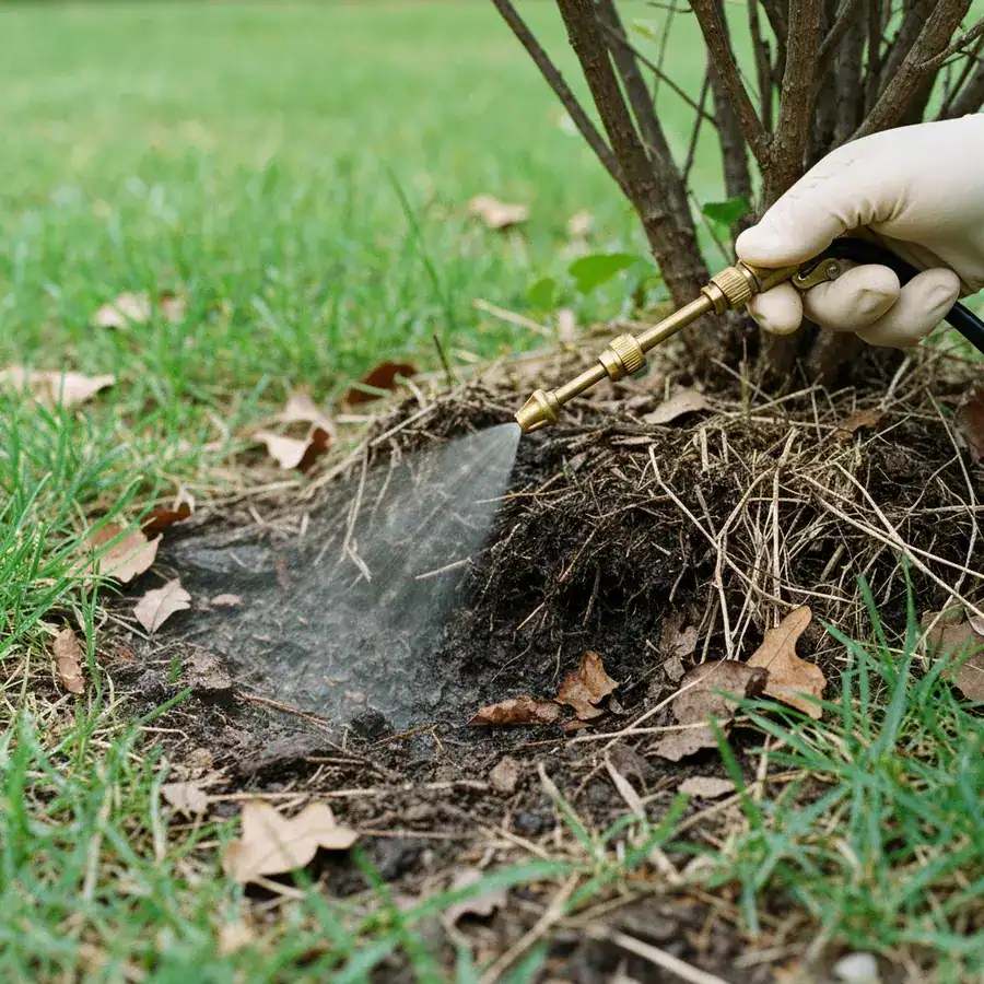 Gloved hand directing a pump sprayer nozzle toward the base of a shrub in a grassy yard.