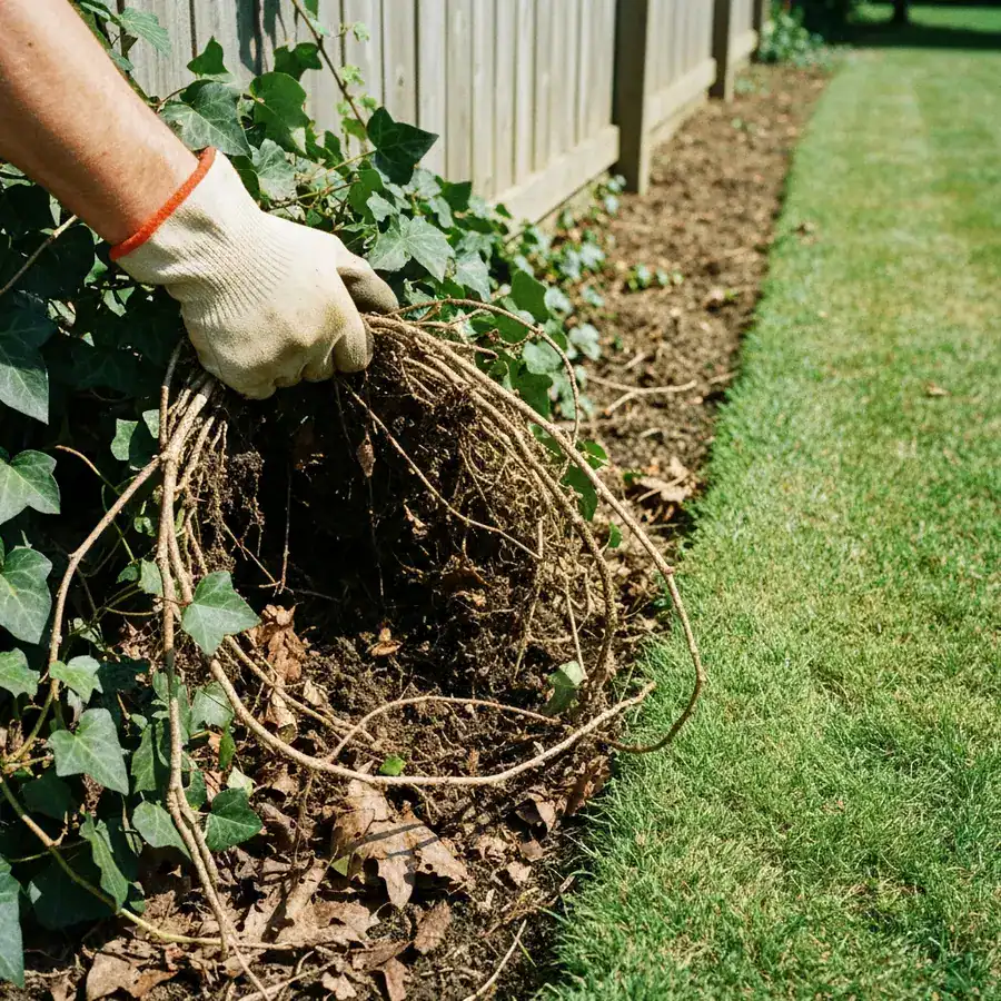 Gloved hand pulling back English Ivy from a fence line next to a freshly mowed lawn.