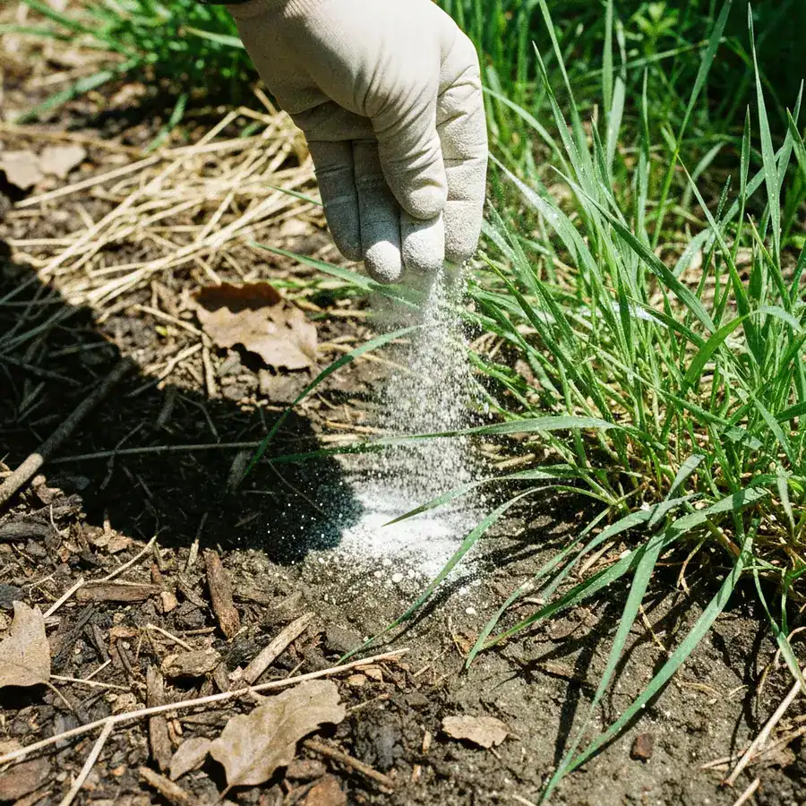 Close-up of white diatomaceous earth powder being spread across thick garden grass and damp soil.