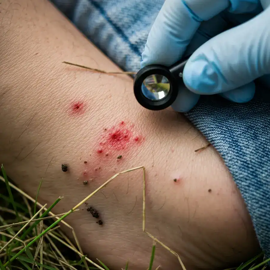 Inflamed red welts on an ankle inspected with a magnifying glass in a grassy outdoor setting.