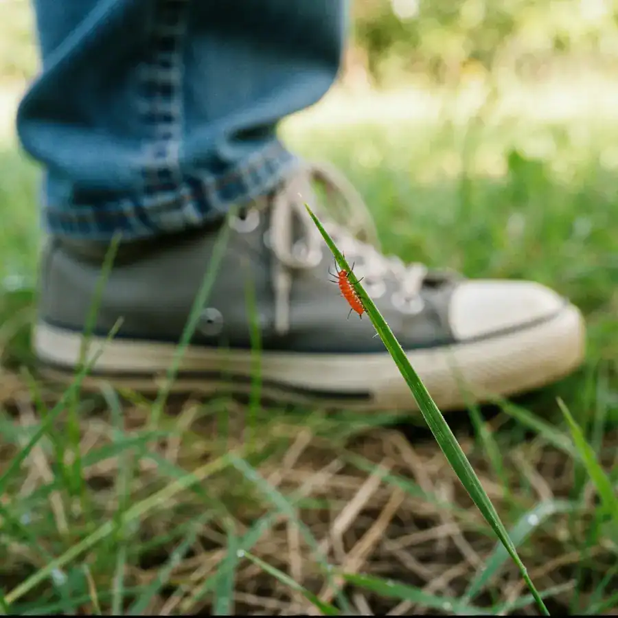 Close-up of a red chigger larva on a tall grass blade brushing against a hiker's shoe in a wild lawn.