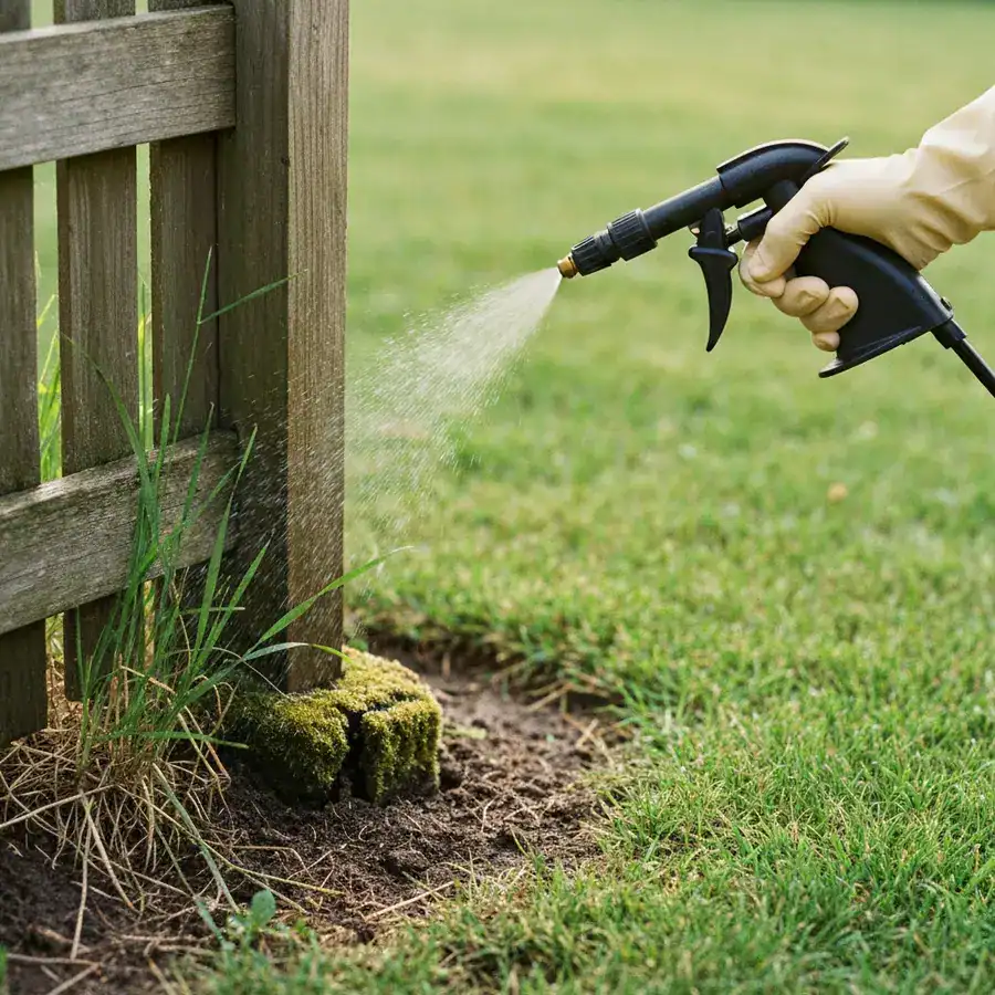 Gloved hand directing a spray nozzle at the base of a wooden fence and tall grass in a backyard.