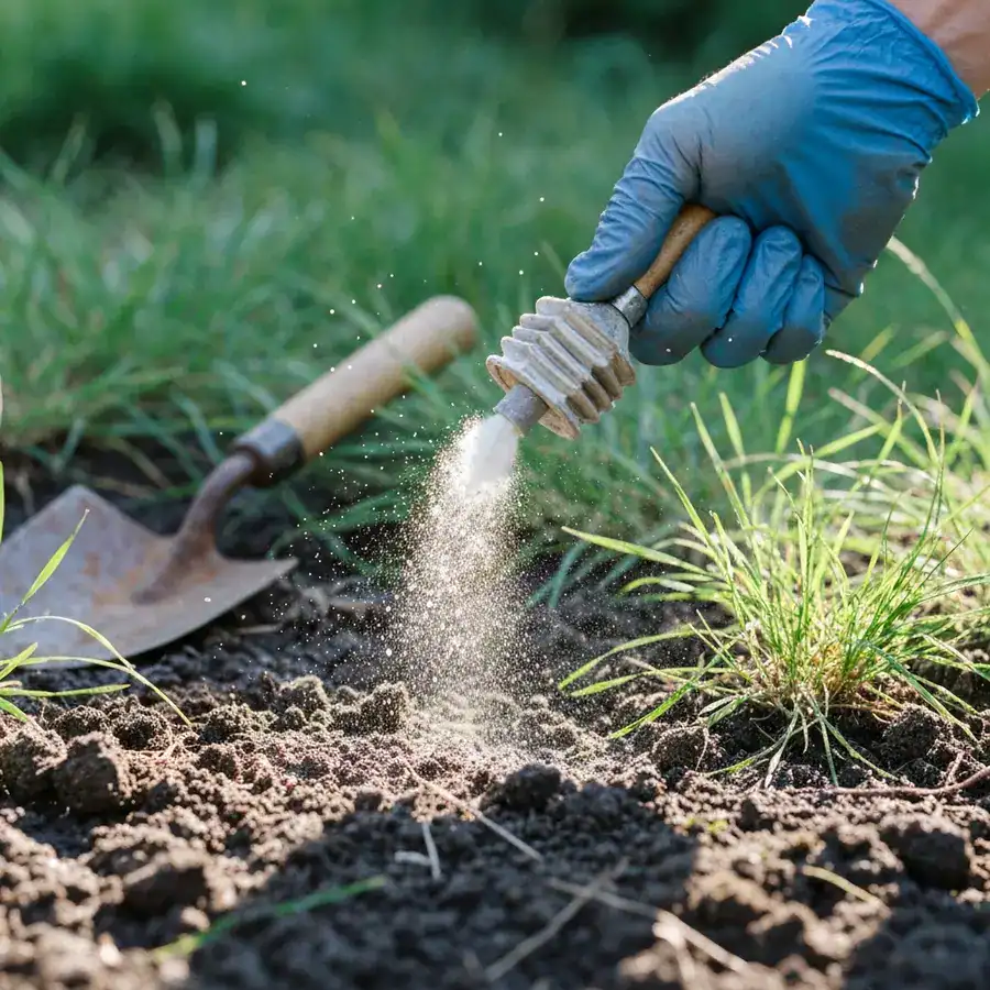 Gloved hand applying white Diatomaceous Earth powder to garden soil and grass for chigger control.