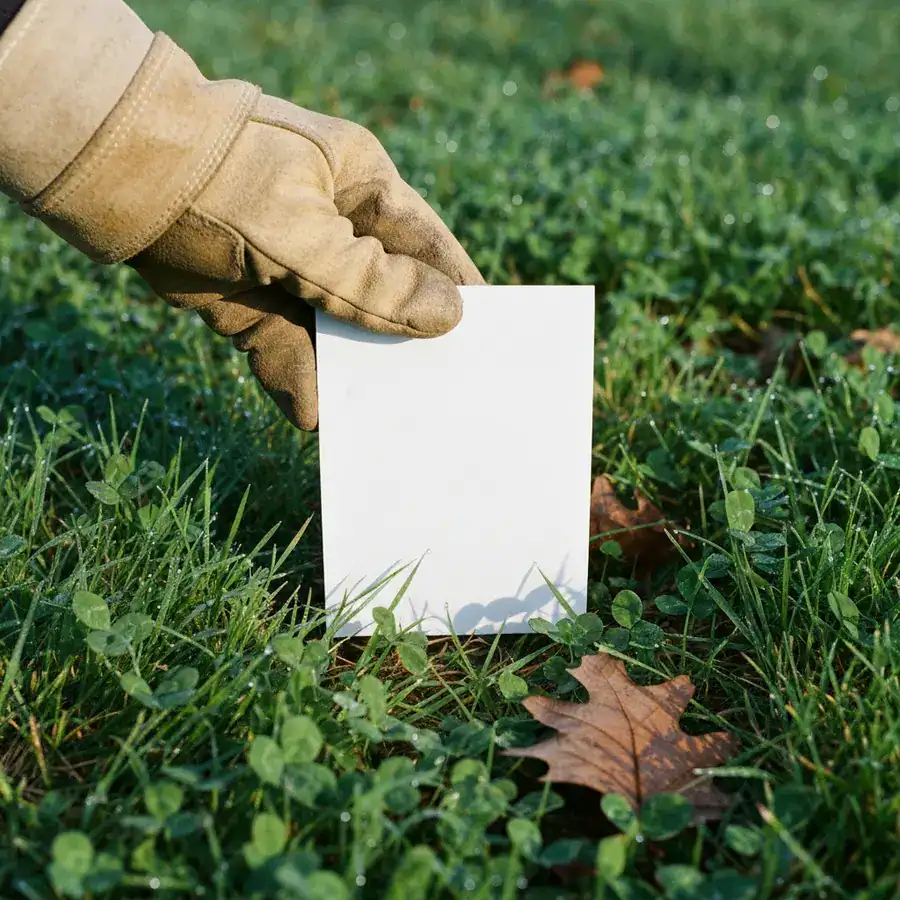 White cardboard sampling square placed into dense, overgrown grass to detect chigger mite activity in a yard.