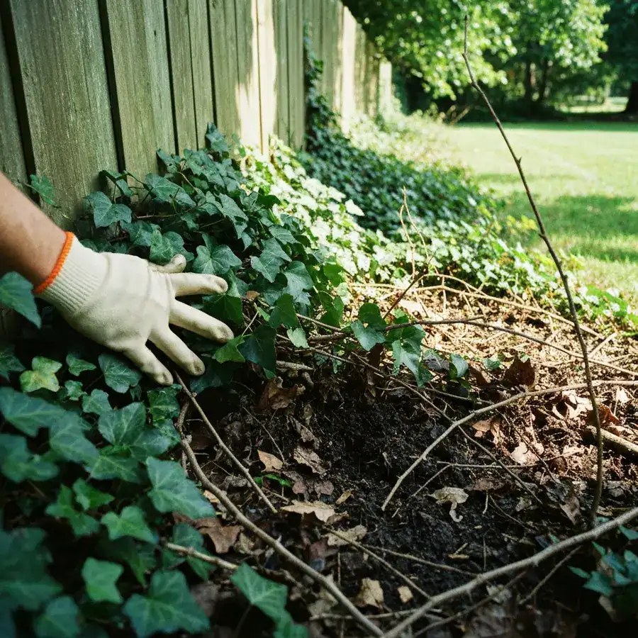 Gloved hand parting dense ivy to reveal a damp, untreated shaded hot spot at an overgrown yard fence line.