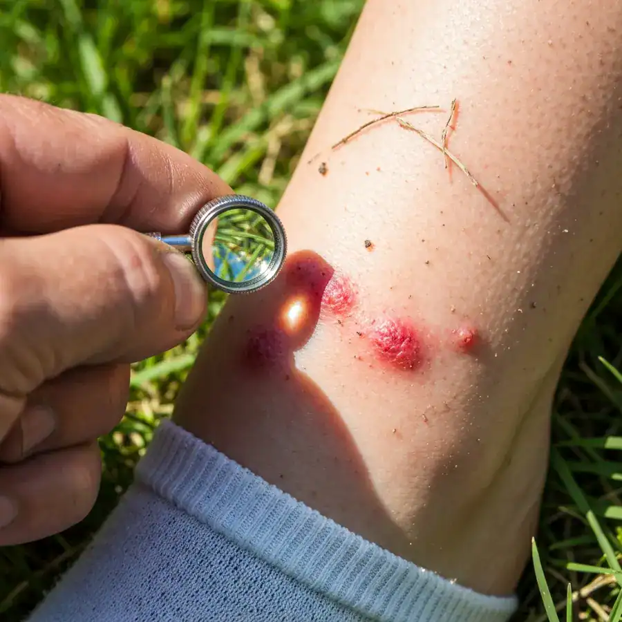 Red welts at a sock line being inspected with a magnifying glass in a grassy outdoor setting.
