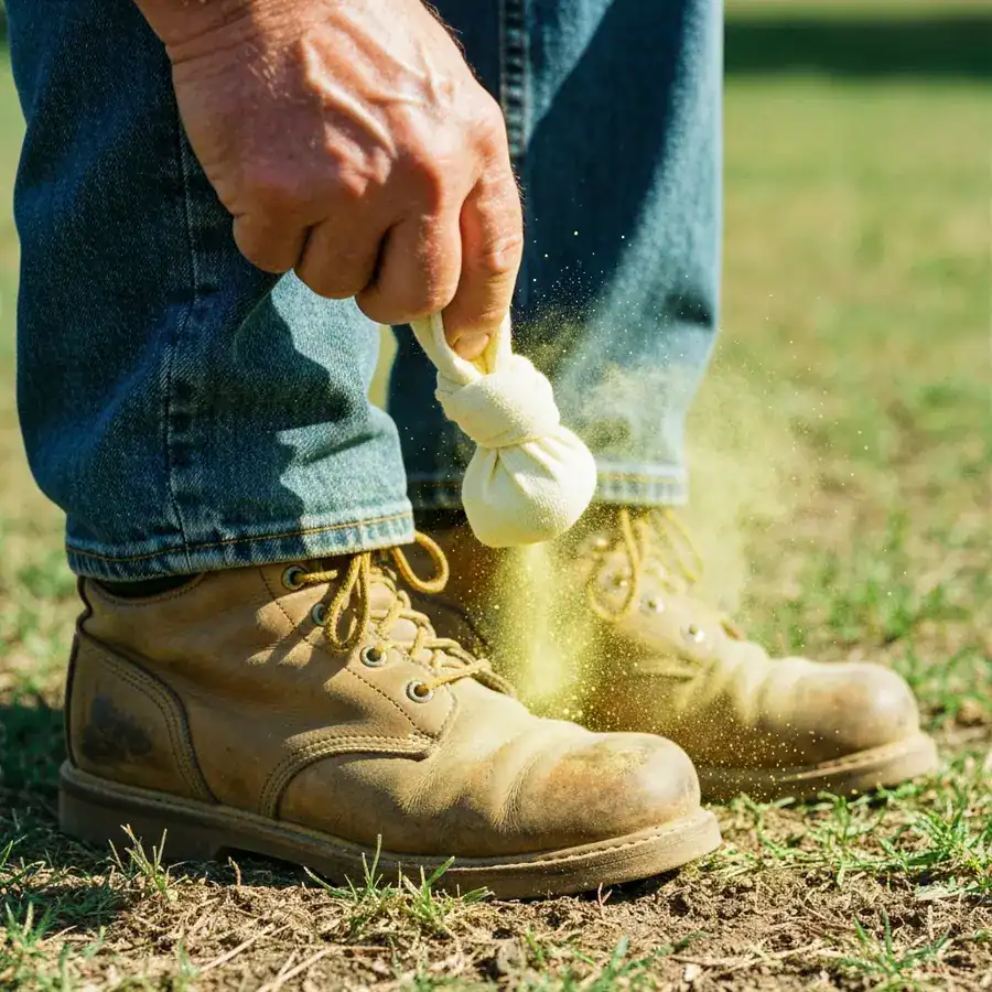 Close-up of a sulfur-filled sock hitting a work boot, releasing a fine yellow dust cloud over a grassy lawn.