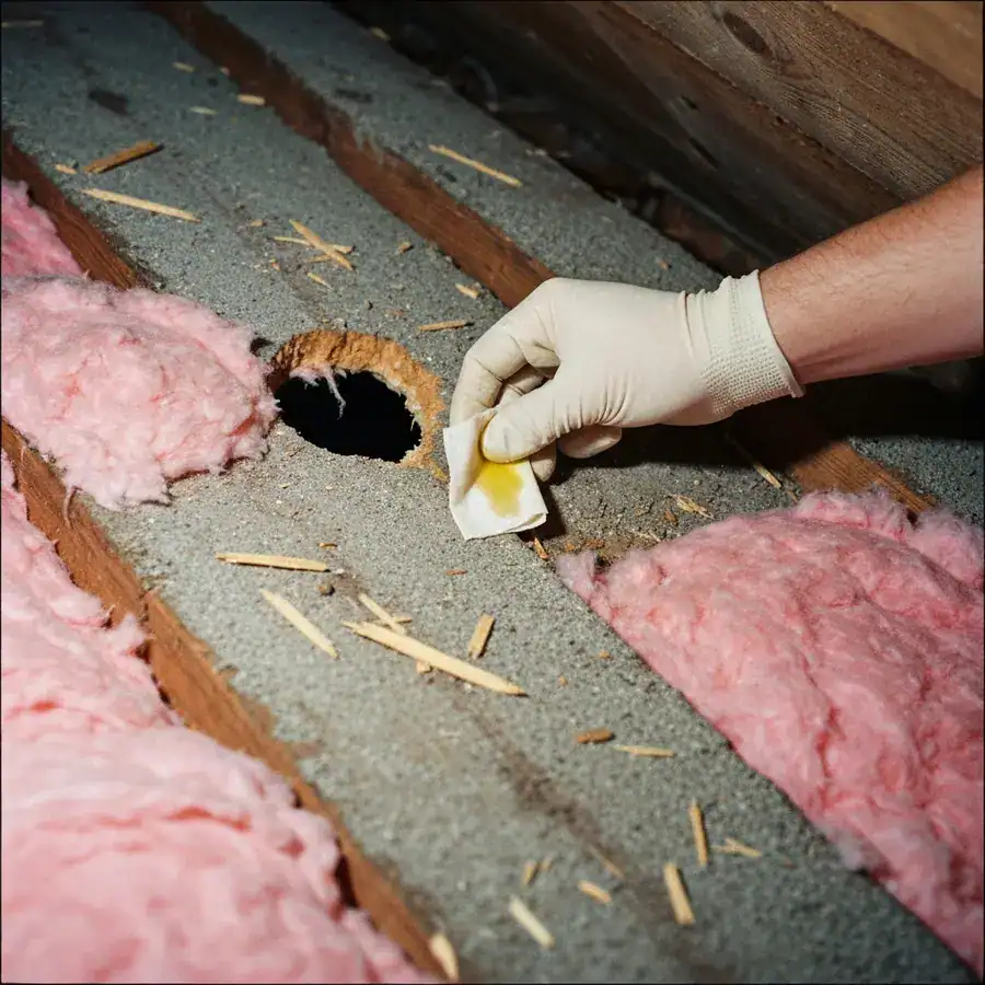 Gloved hand placing a scent applicator near a hole in a dusty attic with matted pink insulation.