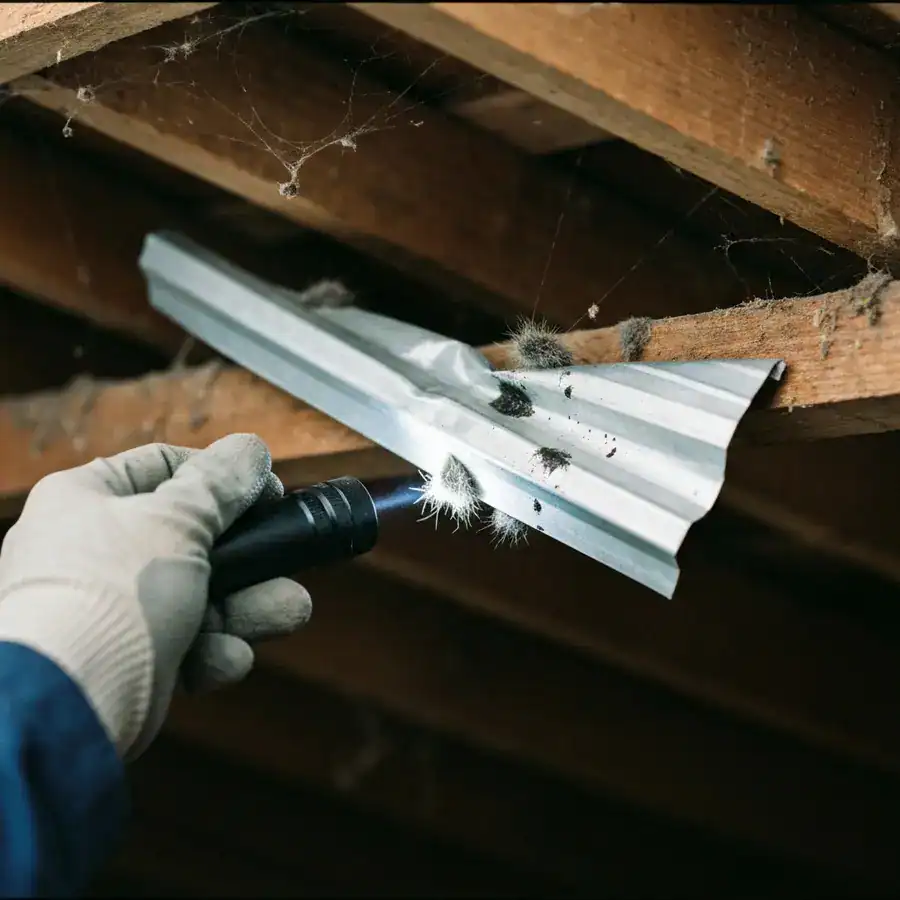 Gloved hand pointing a flashlight at a mangled roof soffit with raccoon rub marks and fur in a dark eave.