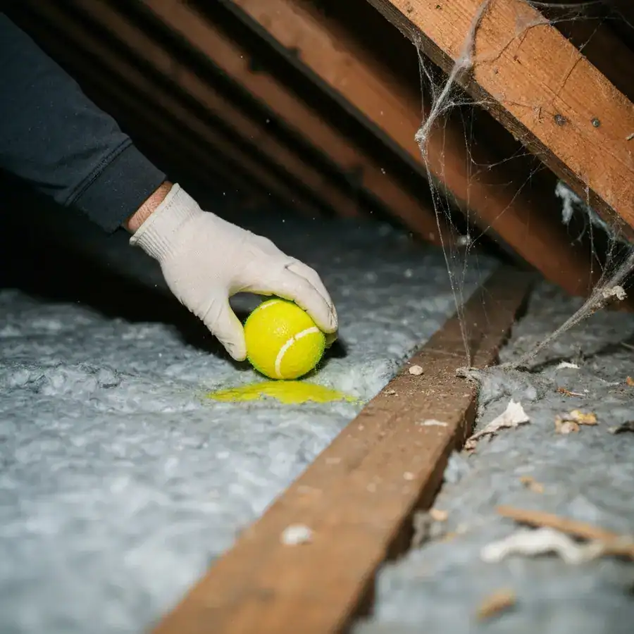 Damp tennis ball placed on dusty attic insulation near a wooden support beam to repel nursing raccoons.