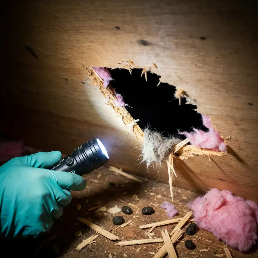Gloved hand illuminating a jagged hole and shredded insulation from a raccoon breach in a dark, dusty attic.