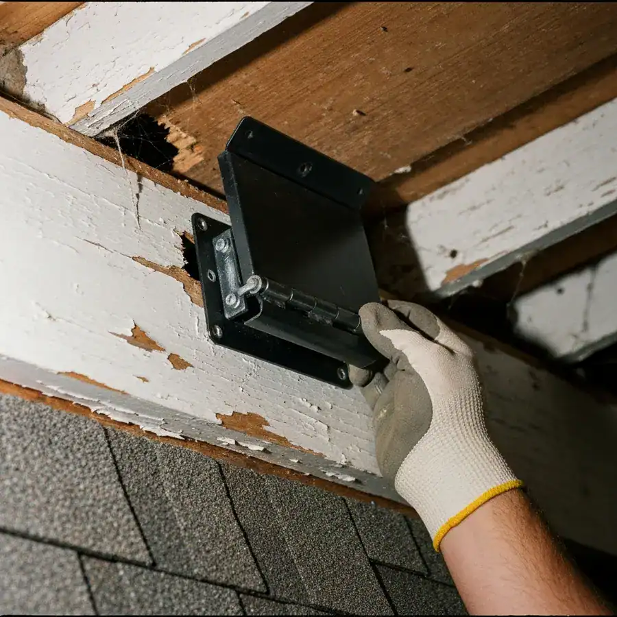 Close-up of a technician's gloved hand installing a one-way raccoon door onto a weathered attic soffit.