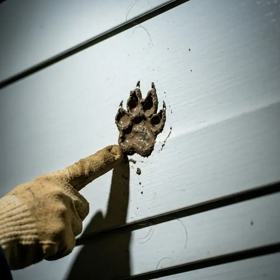 Gloved finger pointing at a muddy raccoon paw print on white house siding under flashlight.