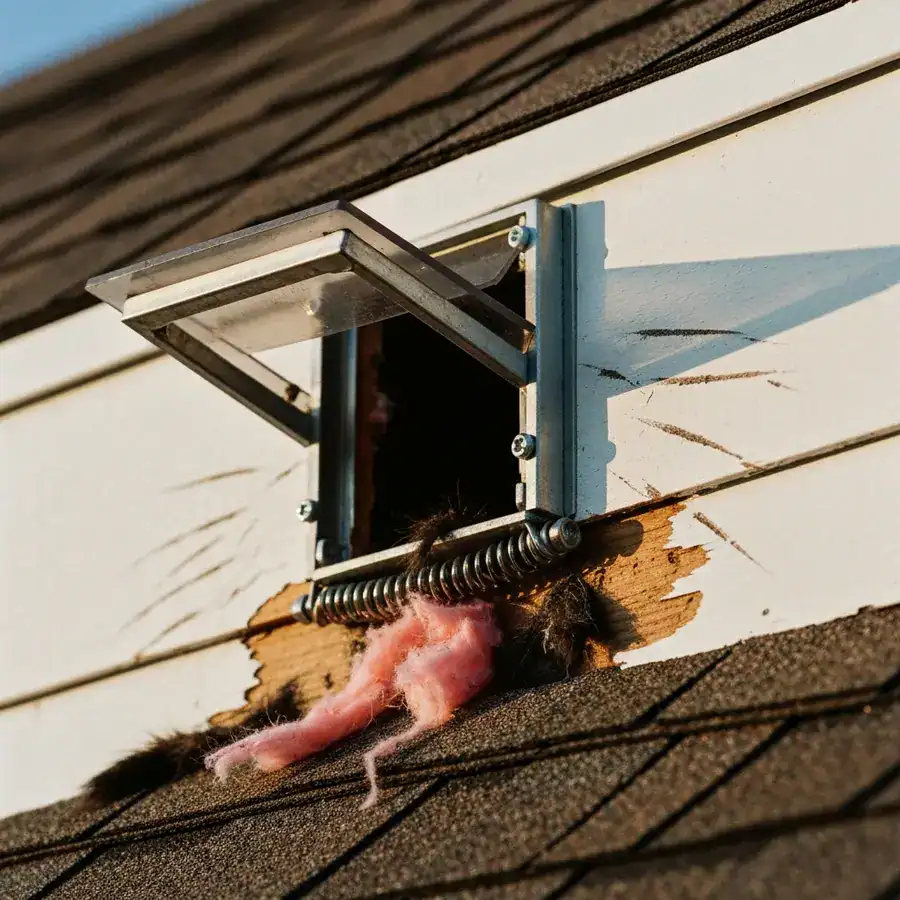 Close-up of a spring-loaded one-way door installed over a damaged wooden soffit on a shingled roof.