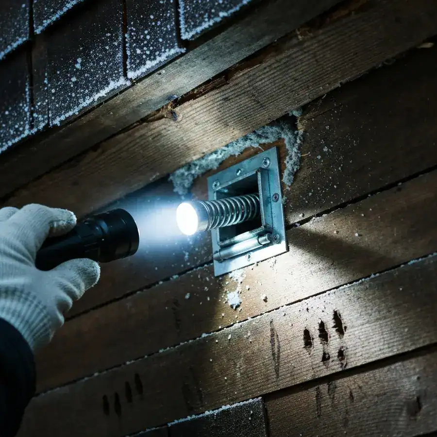 Gloved hand illuminating a steel one-way door installed over a raccoon entry hole in a weathered attic soffit.