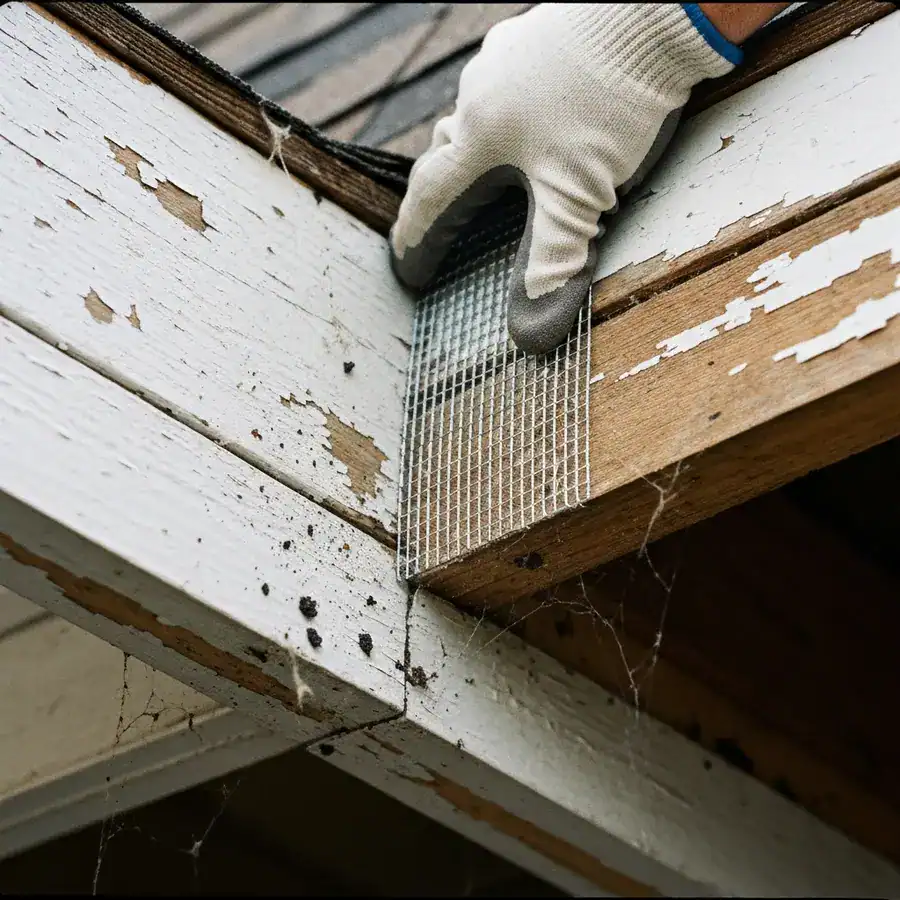 Close-up of galvanized steel mesh being secured over a soffit gap to prevent raccoon entry.