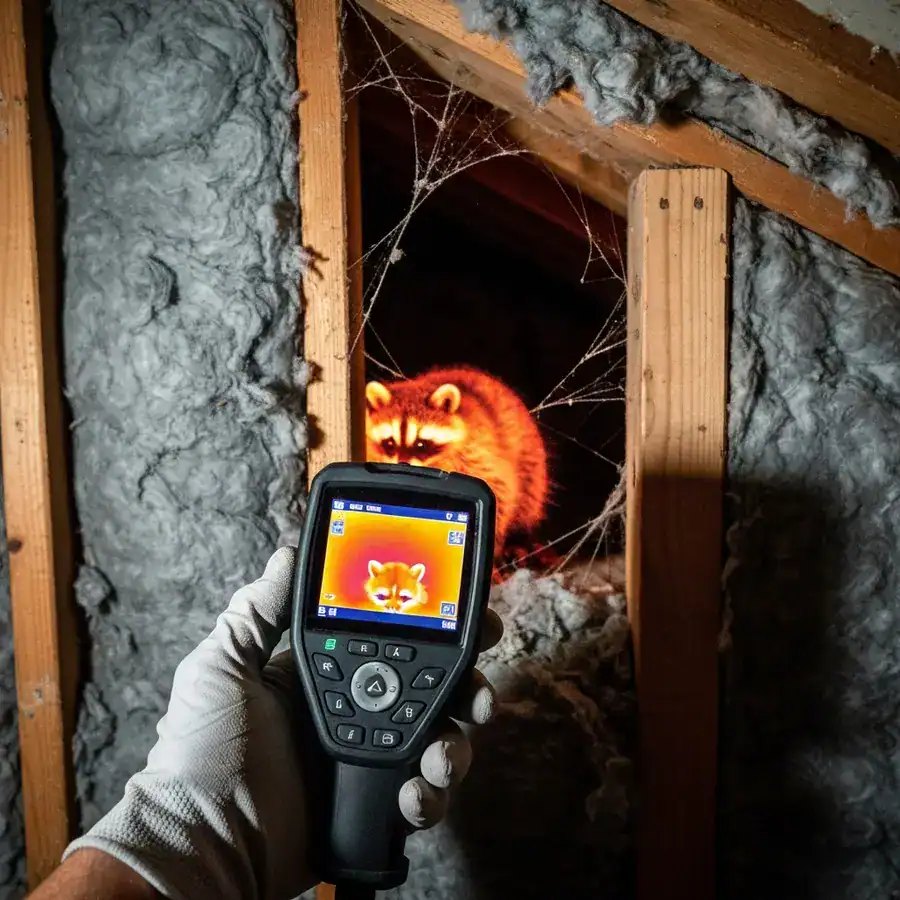 Close-up of a thermal camera showing a raccoon's heat signature behind a wall in a dark, dusty attic.