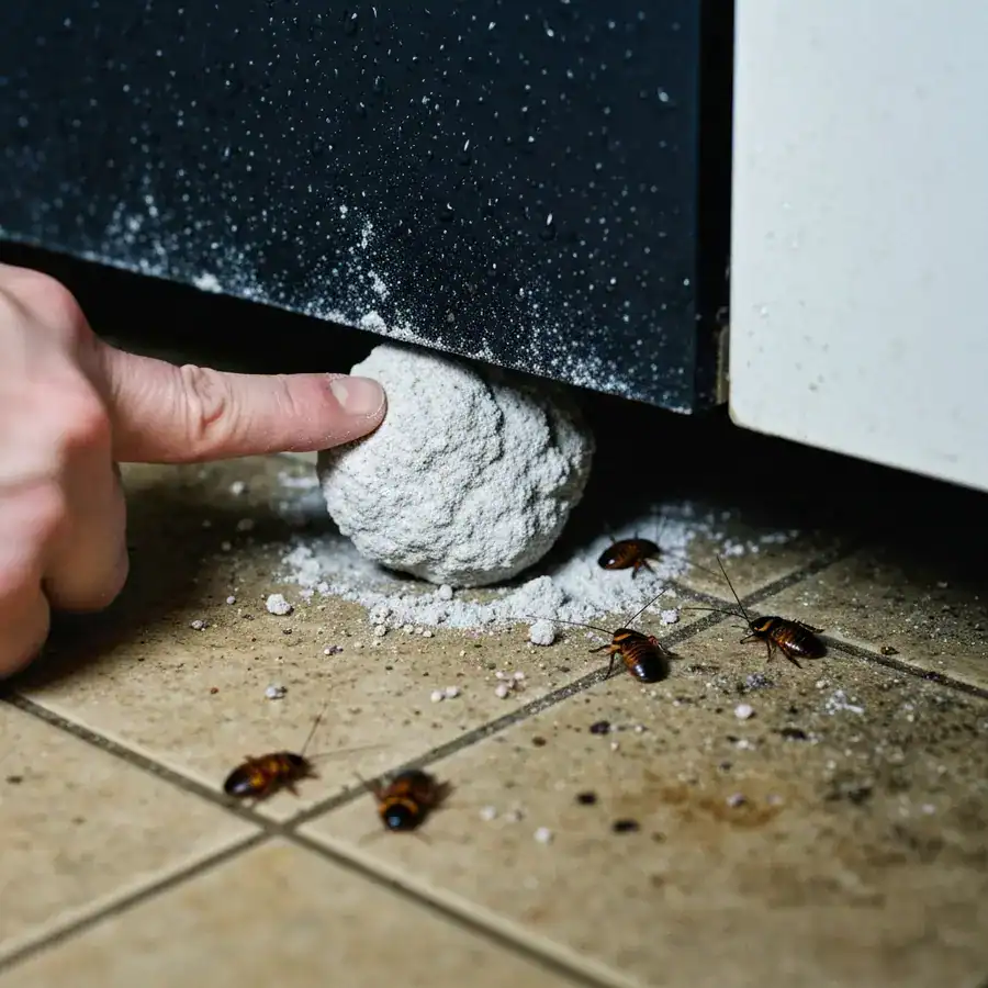 Close-up of clumped white powder and dead roaches under a metal dishwasher kickplate on a grimy kitchen floor.