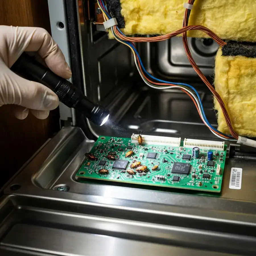 Damaged dishwasher circuit board with cockroach debris inside a disassembled kitchen appliance door panel.