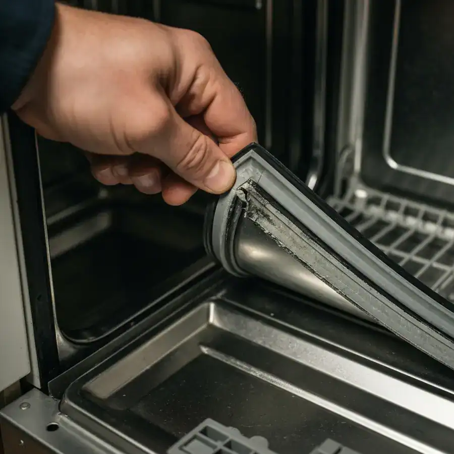 Close-up of a cracked rubber dishwasher gasket being inspected by a hand in a dimly lit kitchen setting.