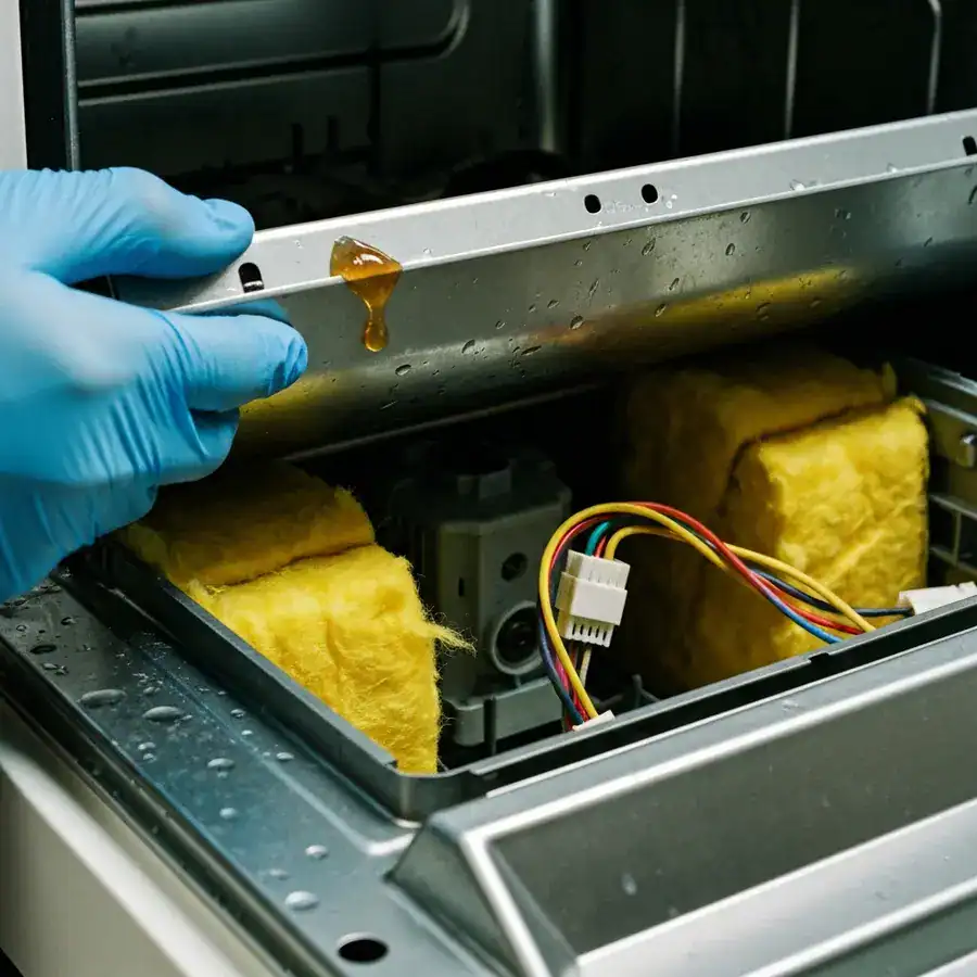 Technician applying gel bait to the internal insulation and wiring inside a disassembled dishwasher door clamshell.