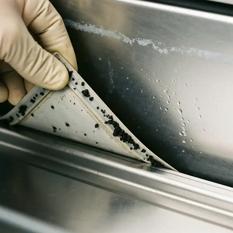 Close-up of black cockroach fecal spots along a rubber dishwasher gasket revealed by a technician's hand.