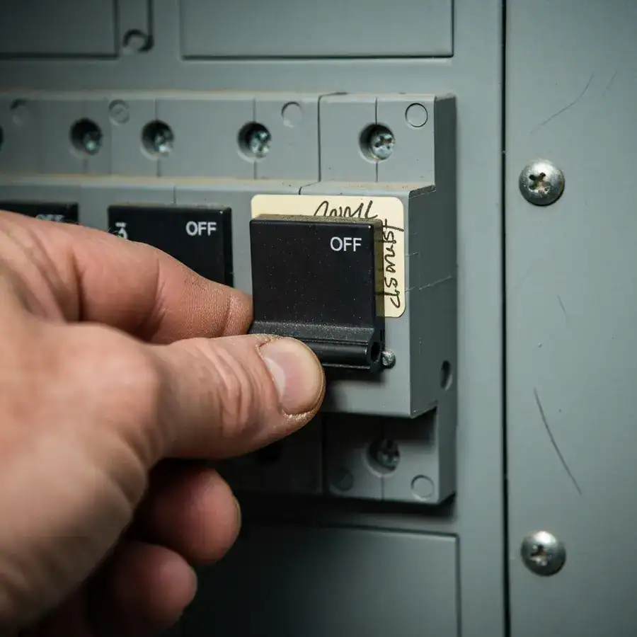 Close-up of a hand flipping a circuit breaker switch to off inside a dusty gray metal electrical panel.