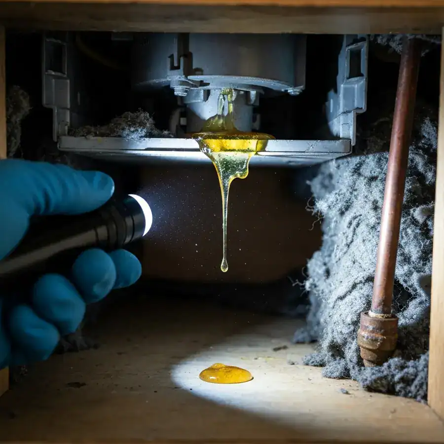 Gloved hand pointing a flashlight at melted, runny roach bait dripping off a dishwasher motor in a grimy kitchen cabinet.